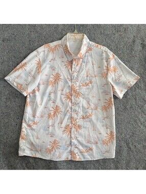 Mens L Hawaiian Camp Shirt Palm Trees Sailboats Tropical Beach Button Up Top